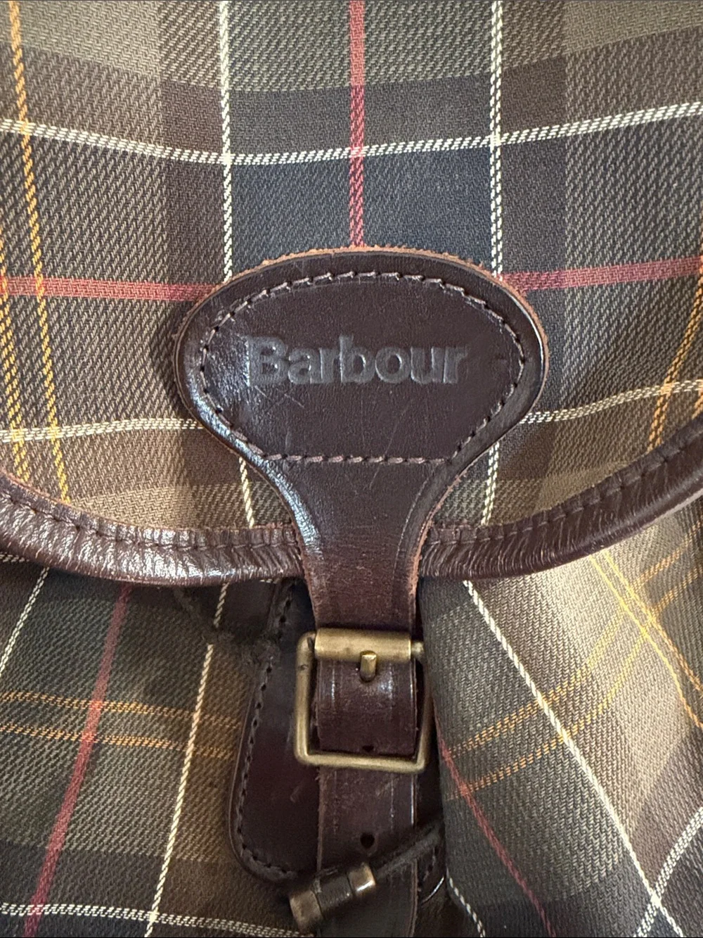 Barbour Brown Tartan Plaid Canvas Backpack with Leather Trim - Picture 2 of 12